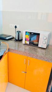 a microwave sitting on top of a kitchen counter at Birdsnest Seaview Holiday Home in Dabolim