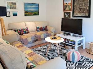 ein Wohnzimmer mit einem Sofa und einem Flachbild-TV in der Unterkunft Holiday home Kolind IX in Kolind