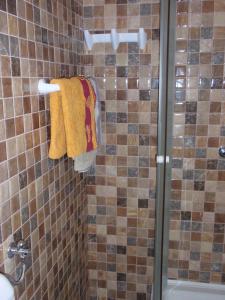 a bathroom with a shower with a yellow towel at Apartment Vera in Zadar