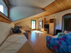 a large living room with a couch and a tv at Wiesenheimhof - Apt 1 in Terento