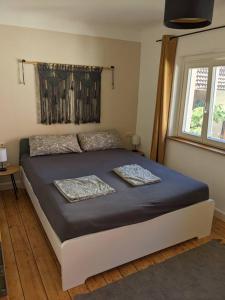 a bed with two pillows on it in a bedroom at Wohnen am Main 1a-ammain in Margetshöchheim