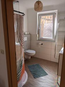 ein Bad mit einem WC und einem Fenster in der Unterkunft Wohnen am Main 1a-ammain in Margetshöchheim