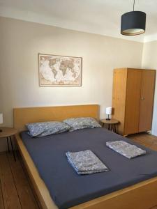 ein Schlafzimmer mit einem Bett mit zwei Kissen darauf in der Unterkunft Wohnen am Main 1a-ammain in Margetshöchheim