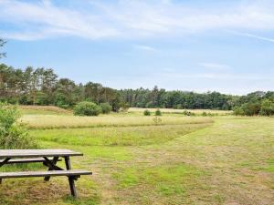 una mesa de picnic de madera sentada en un campo con un campo en 6 person holiday home in F rvang en Fårvang