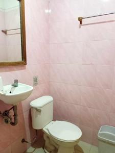 Baño de color rosa con aseo y lavamanos en Regular Room in Casa de Piedra Pension House 