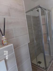 una doccia con porta in vetro in bagno di Appartamento di Olga a Lecco