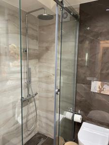 a bathroom with a glass shower with a toilet at Lemnos Urban Escape in Myrina +21 photos