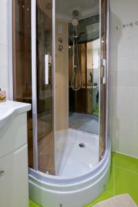 a shower with a glass door in a bathroom at Nature Love Apartment in Liepāja