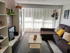 a living room with a couch and a tv at Vivienda Turístico Erreka Beach in Mundaka