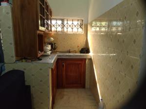 a small kitchen with a sink and a counter at Kingee Lodge in Sunyani