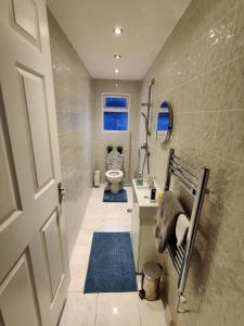 baño con aseo, lavabo y puerta en House with great location near Harry Potter studio en Watford