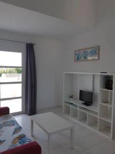 a living room with a couch and a tv at Son Xoriguer appartement calme, mer, piscines.Son Xoriguer quiet apartment, sea, swimming pools. in Son Xoriguer