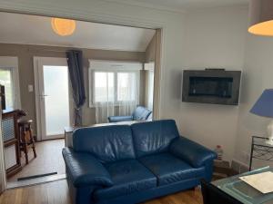 een woonkamer met een blauwe bank en een tv bij Villa Lenotre in Bourges