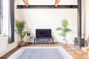 uma sala de estar com televisão e vasos de plantas em 18th Century Converted Coach House 