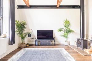 a living room with a television and potted plants at 18th Century Converted Coach House 