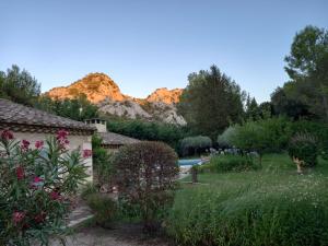 un jardín con piscina y montañas al fondo en La roulotte du petit paradis en Saint-Rémy-de-Provence