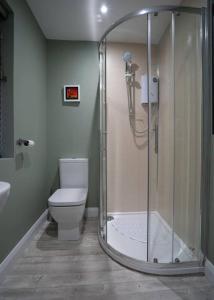 a bathroom with a shower and a toilet at Stay Indigo in Ballycastle