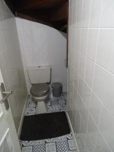 Elle comprend une petite salle de bains pourvue de toilettes et de carrelage. dans l'établissement Chambre bleue bien équipée chez Fred, à Gorron
