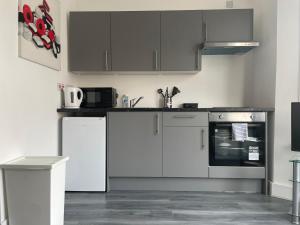 a kitchen with stainless steel appliances and gray cabinets at Amazing Studio Room 1 - East Ham/East London in London