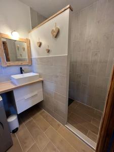 uma casa de banho com um chuveiro e um lavatório. em Appartement 90 m2 proche de Corte em Soveria