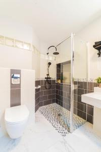 een badkamer met een douche, een toilet en een wastafel bij Gîtes dans un mas en pierres au coeur d'un domaine viticole du Pic Saint-Loup in Corconne
