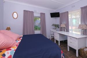 ein Schlafzimmer mit einem Schreibtisch und einem Bett mit einer blauen Decke in der Unterkunft Sun Garden Cottage in Johannesburg