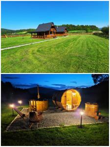 two pictures of a building and a dome tent at Domki OstoYa Bieszczady/Solina in Myczkowce