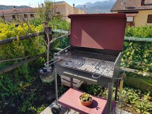 a barbecue grill in a garden with a potted plant at Villetta La Pigna in Castel di Sangro