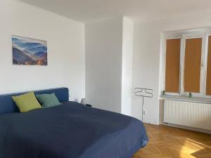 una camera con un letto blu e una finestra di Vila Malvazinky a Praga