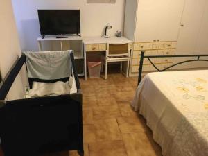 Schlafzimmer mit einem Bett und einem Schreibtisch mit einem TV in der Unterkunft Ca’Lina,autentico alloggio spazioso con posto auto in Lecco