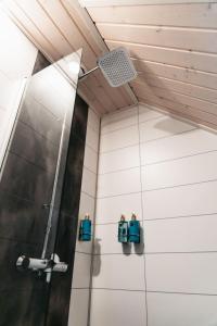 a shower stall in a bathroom with a mirror at Northern Lights Village Pyhä in Pyhätunturi