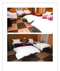 2 fotos de una habitación con camas blancas en The Monyul Residency en Tawang