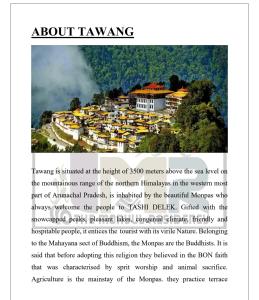 una pagina di un volantino con la foto di un villaggio di The Monyul Residency a Tawang