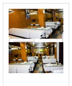 2 fotos de un comedor con camas blancas en The Monyul Residency, en Tawang