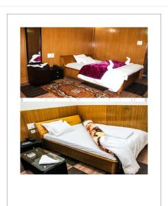 two pictures of a bedroom with two beds at The Monyul Residency in Tawang