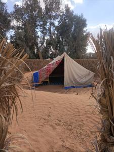 a tent in the middle of a dirt field at L'Oasis in Ksar Ghilane