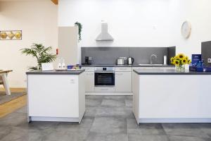 a kitchen with white counters and a stove at IDEE living:Loft-Apartment bei Heidelberg in Dossenheim