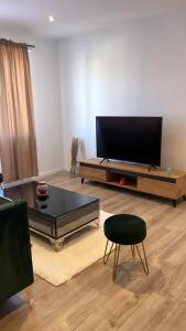 a living room with a large flat screen tv at Maison jardin paisible 1 chambre in Mérignac