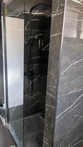 a shower with a glass door with a man in it at Maison jardin paisible 1 chambre in Mérignac