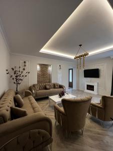 una gran sala de estar con sofás y chimenea. en Casa moderna situata in zona centrala a orasului, en Tulcea