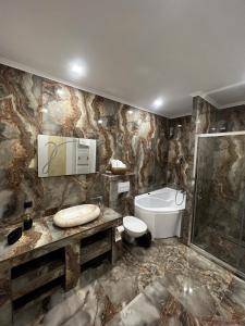W łazience znajduje się toaleta, umywalka i prysznic. w obiekcie Casa moderna situata in zona centrala a orasului w mieście Tulcza