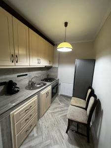 圖爾恰的住宿－Casa moderna situata in zona centrala a orasului，厨房配有水槽和椅子