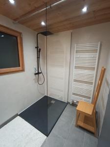 Una ducha de cristal en una habitación con silla y TV. en Gîte la Chauve Jotte en Dommartin-lès-Remiremont