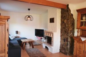 a living room with a couch and a fireplace at Ferienhaus am Nationalpark Eifel in Dreiborn