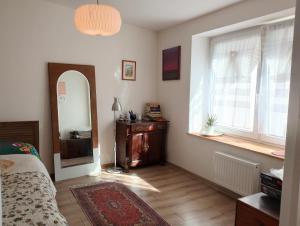 um quarto com uma cama, um espelho e uma janela em Klimatyczne mieszkanie w Nowym Porcie em Gdansk