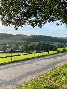 uma estrada vazia com relva e árvores ao lado em Ferienwohnung Waldblick - a88768 em Hattingen