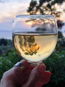 a hand holding a wine glass with a reflection in it at villa fairytale in Nerotriviá