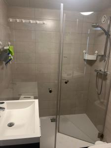a shower with a glass door next to a sink at La Cabane de la mer in Bredene