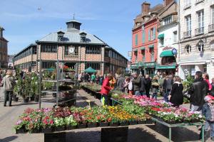a group of people walking around a market with flowers at Le Cosy du tambour d'argent in Sens