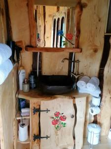 ein Badezimmer mit einem Waschbecken in einer Holzhütte in der Unterkunft Casa rustica in Braşov